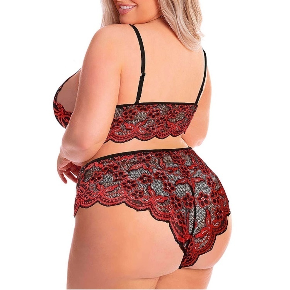 NWT 2pc Sexy Lace Plus Size Bralette Bra Cheeky Panty Set 1X Black Red